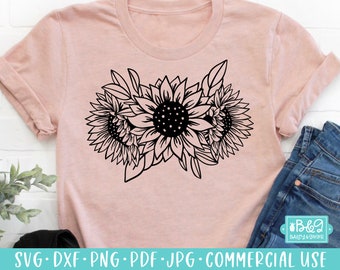 May include: A black and white graphic design of two sunflowers with a pink background. The design is perfect for creating t-shirts, mugs, tote bags, and other crafts.