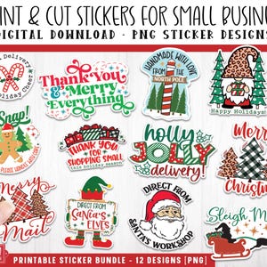 May include: A set of 12 printable Christmas sticker designs featuring various festive themes, including gnomes, Santa, elves, and candy canes. The stickers are ideal for adding a festive touch to gifts, parcels, and other Christmas crafts.