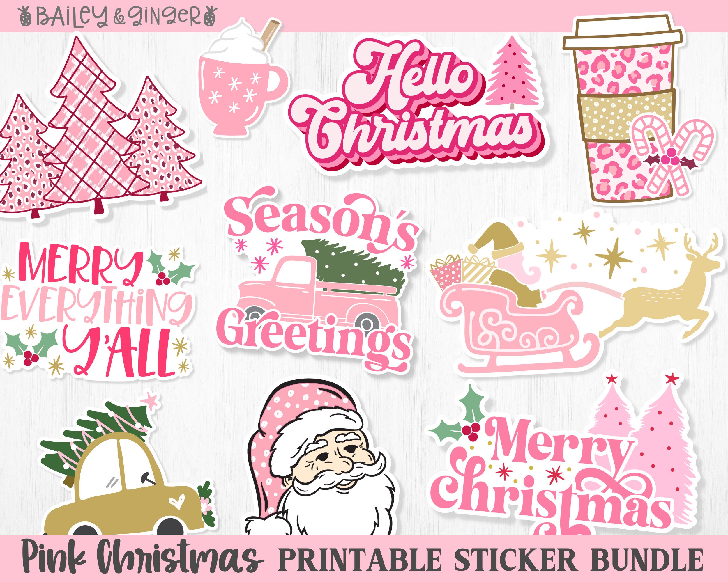 printable pink christmas sticker bundle - digital png stickers