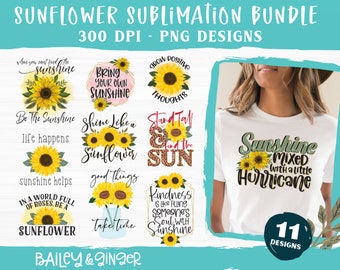 Puede incluir: Un paquete de diseños de sublimación con 11 gráficos de temática de girasol con citas inspiradoras. Los diseños incluyen frases como "Sé el sol", "Brilla como un girasol" y "Sol mezclado con un poco de huracán".