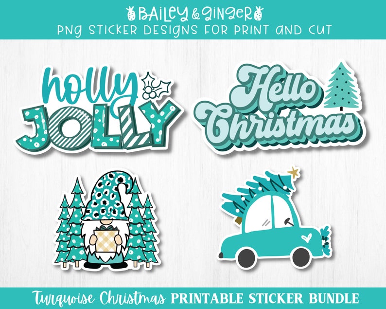 K&ouml;nnte beinhalten: Ein Satz mit vier bedruckbaren Aufklebern zum Thema Weihnachten in T&uuml;rkis. Die Aufkleber zeigen den Text "holly jolly", "Hello Christmas", einen Gnom mit einem Leopardenhut und ein Auto mit einem Weihnachtsbaum auf dem Dach.