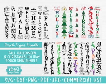 May include: A digital download bundle of 18 printable porch signs for fall, Halloween, and Christmas holidays. The signs feature various festive designs and text, including "Let's Give Thanks", "Welcome to Our Patch", "Happy Holidays", "Haunted House", "Trick or Treat", "Welcome to Witches Way", "Spooky", and "Merry Christmas".