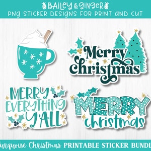 K&ouml;nnte beinhalten: Vier t&uuml;rkisfarbene und goldene Weihnachtsaufkleber-Designs. Die Designs beinhalten eine Tasse hei&szlig;e Schokolade, einen Weihnachtsbaum und zwei verschiedene Versionen des Textes "Frohe Weihnachten".