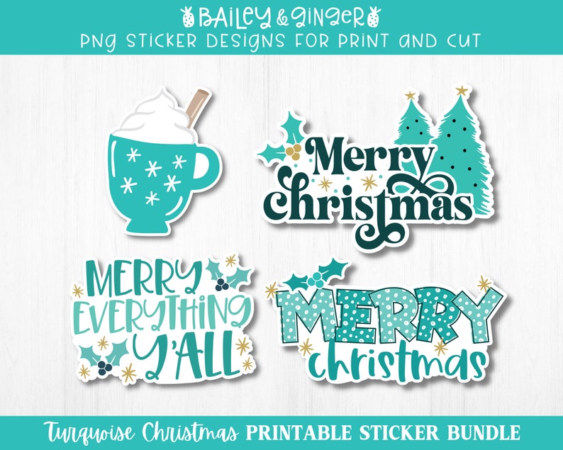 K&ouml;nnte beinhalten: Vier t&uuml;rkisfarbene und goldene Weihnachtsaufkleber-Designs. Die Designs beinhalten eine Tasse hei&szlig;e Schokolade, einen Weihnachtsbaum und zwei verschiedene Versionen des Textes "Frohe Weihnachten".