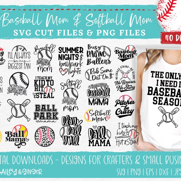 Baseball Mom & Softball Mom SVG Bundle - PNG and SVG Cut Files For Cricut or Silhouette, Commercial Use, 40 Designs
