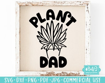 May include: Black and white graphic design with the text "Plant Dad" in a bold, playful font. A stylized plant with leaves is depicted in the center of the design.