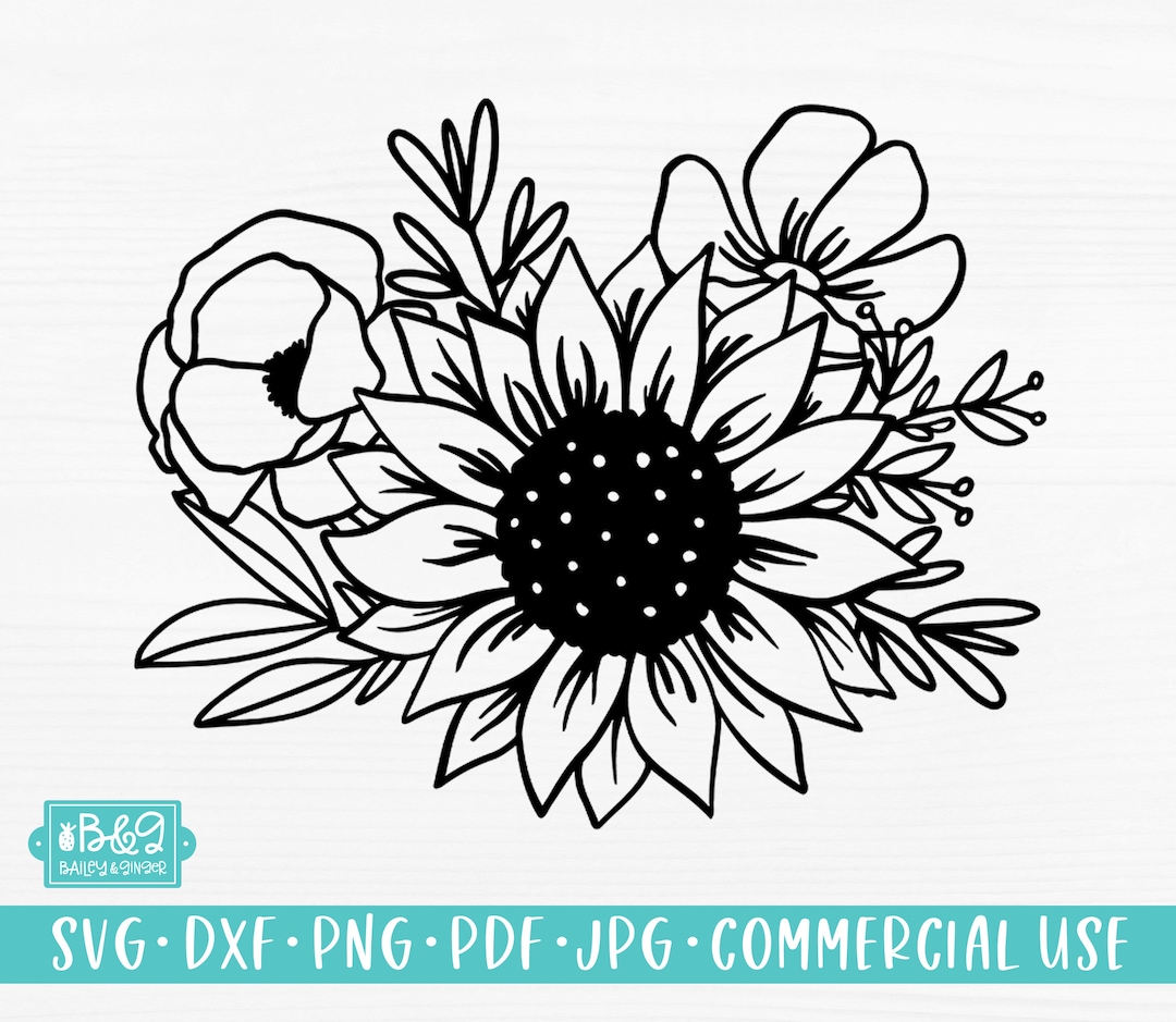 Sunflower Floral SVG Cut File - Flower Bouquet SVG Cut File, Commercial ...