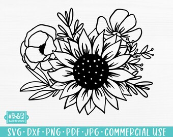 May include: Black and white line art illustration of a sunflower with smaller flowers and leaves. The sunflower is in the centre of the image and the other flowers are around it.