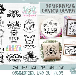 May include: A collection of 20 spring and Easter-themed SVG, PNG, DXF, EPS, JPG, and PDF digital cut files. The designs feature bunnies, flowers, bees, and other spring imagery. The designs are perfect for creating crafts, decorations, and more.
