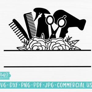 Hair Stylist Floral Split Frame SVG File, Hairdresser Tools,  Flowers, Pretty Salon, Commercial Use SVG, Cricut, Silhouette Cutting File