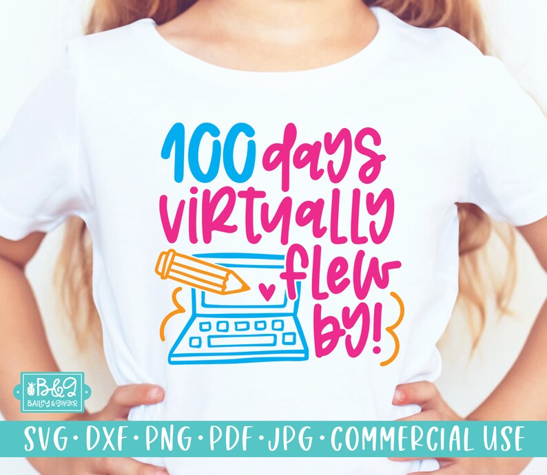 May include: A white t-shirt with a colorful graphic that says "100 days virtually flew by!" with a laptop and pencil illustration.