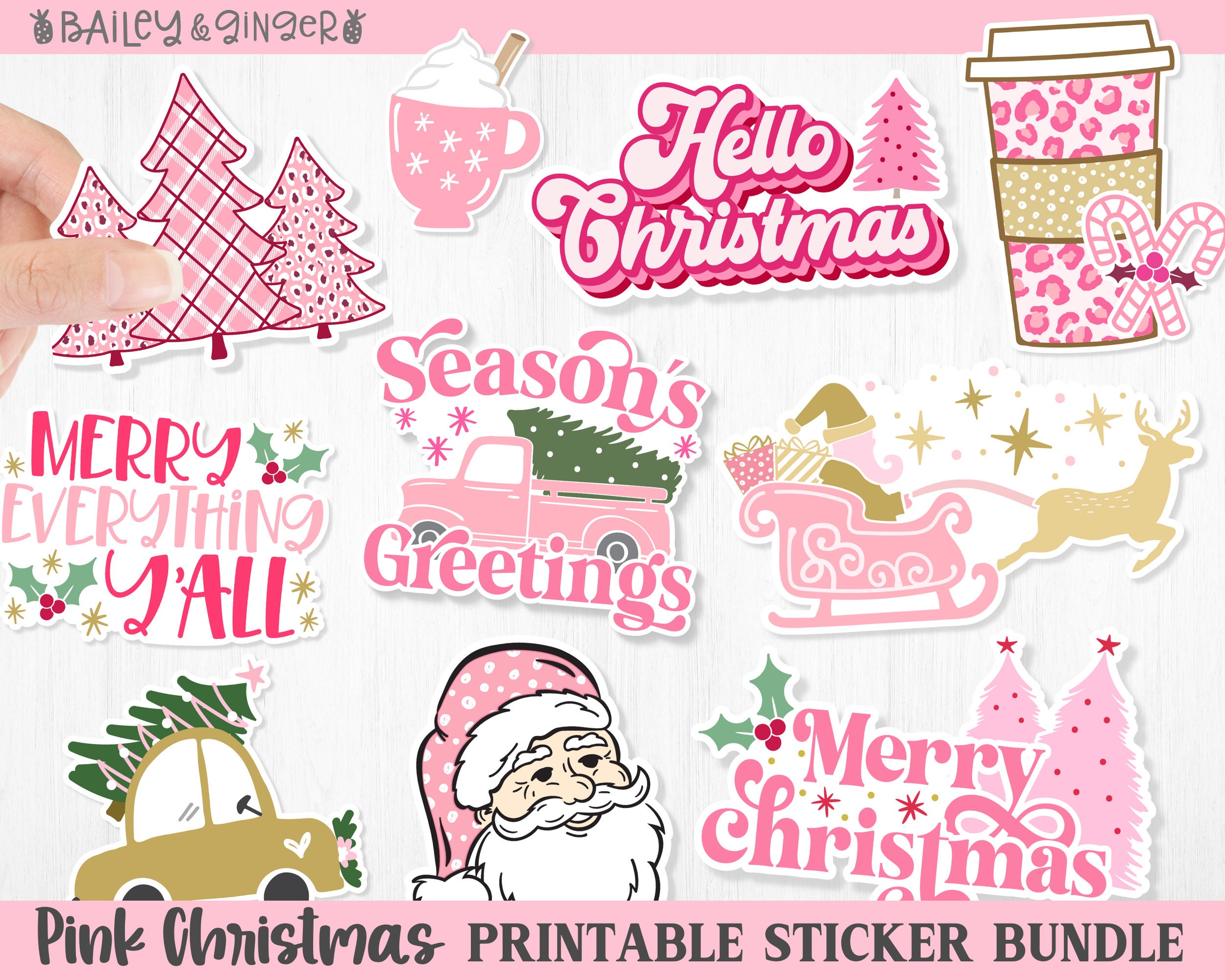 Printable Pink Christmas Sticker Bundle - Digital PNG Stickers - Print and Cut Stickers for Cricut or Silhouette, Digital Download