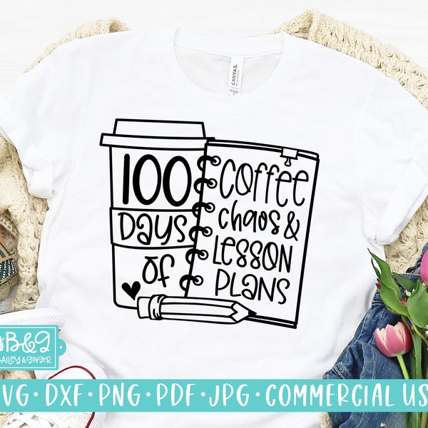 Funny Teacher 100 Days of School SVG Cut File, 100 Days of Coffee, Chaos and Lesson Plans,, Commercial Use SVG, Cricut, Silhouette