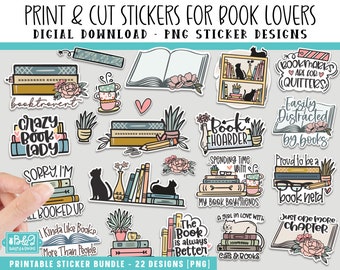 Printable Book Lover Stickers PNG Stickers - Print and Cut Book Stickers, Digital Download, Print and Cut Cricut, Silhouette