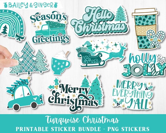 Printable Turquoise Christmas Sticker Bundle - Digital PNG Stickers - Print and Cut Stickers for Cricut or Silhouette, Digital Download