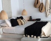 moroccan throw blanket, Cotton Moroccan Pompom Blanket,bedroom blanket, moroccan pompom blanket Black with off white pompoms