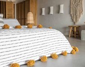 moroccan throw blanket, Cotton Moroccan Pompom Blanket,bedroom blanket, moroccan pompom blanket White with Black stripes and Mustard pompoms
