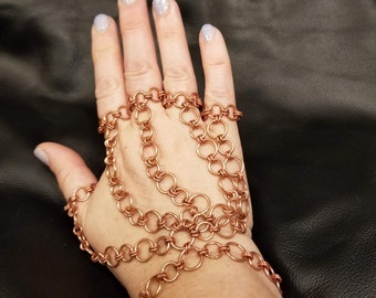 Copper Gauntlet, Copper Glove, Hand Flower, Slave Ring, Five Finger Ring, Five Rings Connected to Bracelet