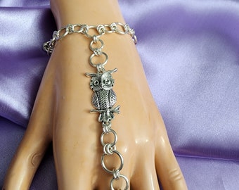 Silver Chainmaille Slave Ring with Owl Pendant, Wire Wrapped Hand Flower, Connected Bracelet, Harem Jewelry, Owl Bracelet