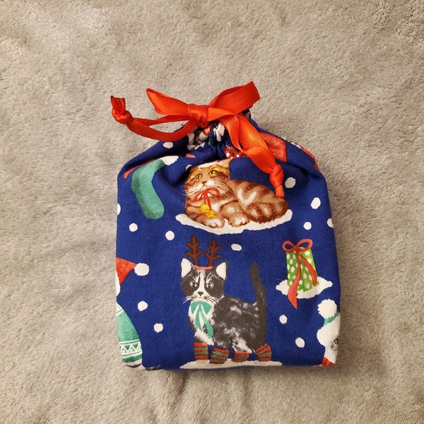 Fabric Gift Bag, Cats, Stockings, Cats Wearing Socks/Sweaters, Christmas, Holiday Gift, Sustainable, Ready to Ship, Handmade, Three sizes