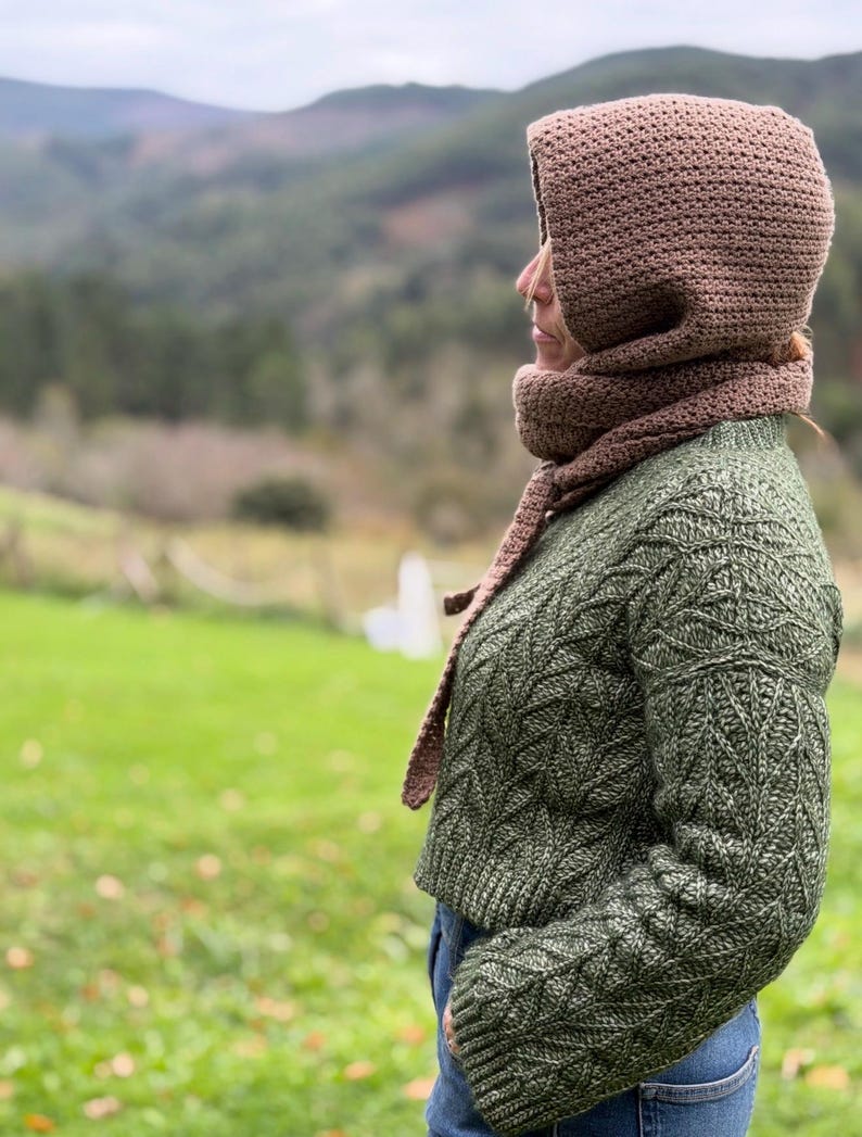 May include: A brown crocheted hood and scarf set paired with a green cable-knit sweater. The hood covers the head and neck, with the scarf draped around the neck. The sweater has a textured pattern. The background features a green field and mountains.