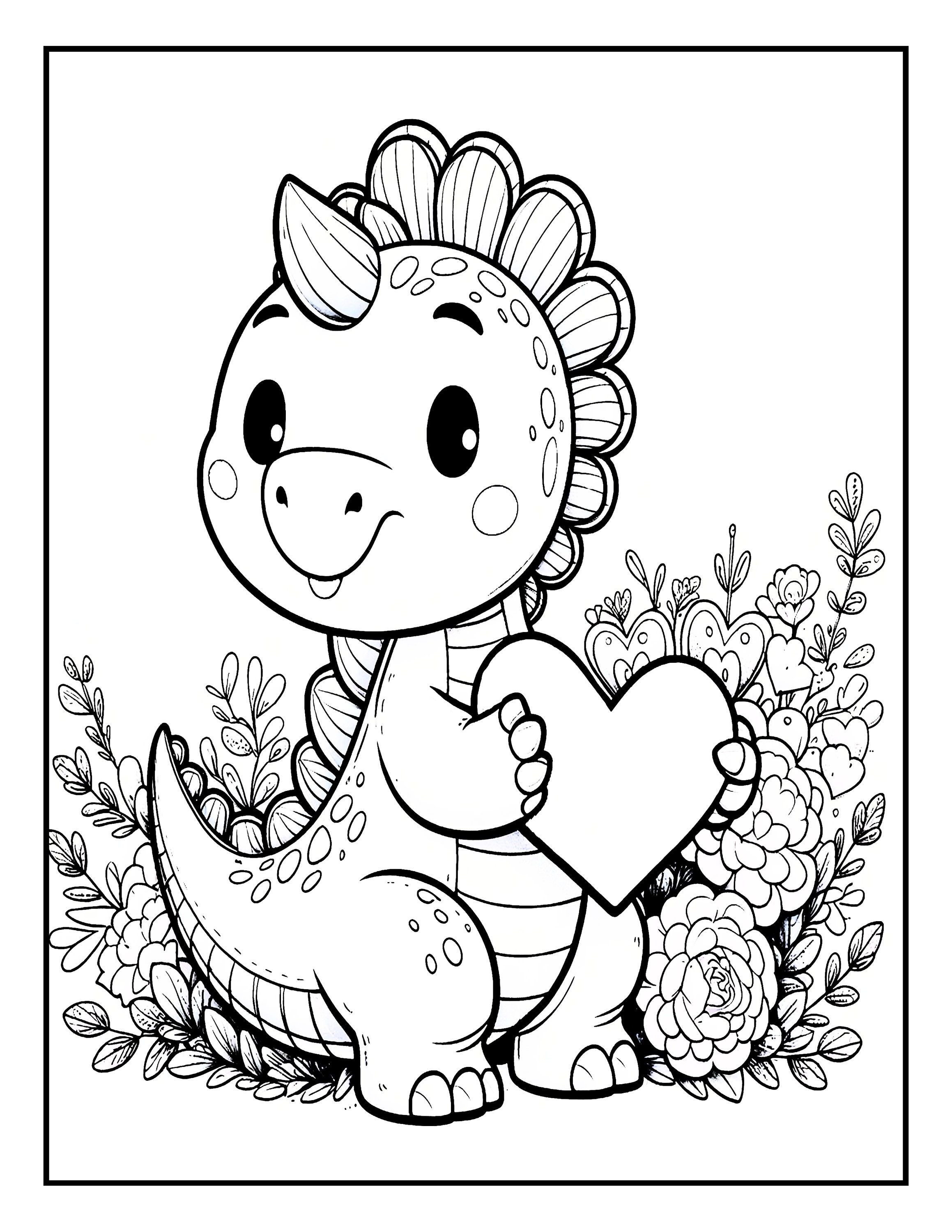 Dino Valentine's Day| Coloring Pages| Easy DOWNLOAD - Etsy