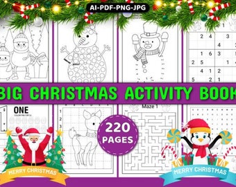May include: A colorful activity book with 220 pages of Christmas-themed activities for kids. The cover features a variety of activities, including coloring, dot-to-dot, mazes, and word searches. The book is titled "Big Christmas Activity Book" and includes the phrase "Merry Christmas" on the cover.