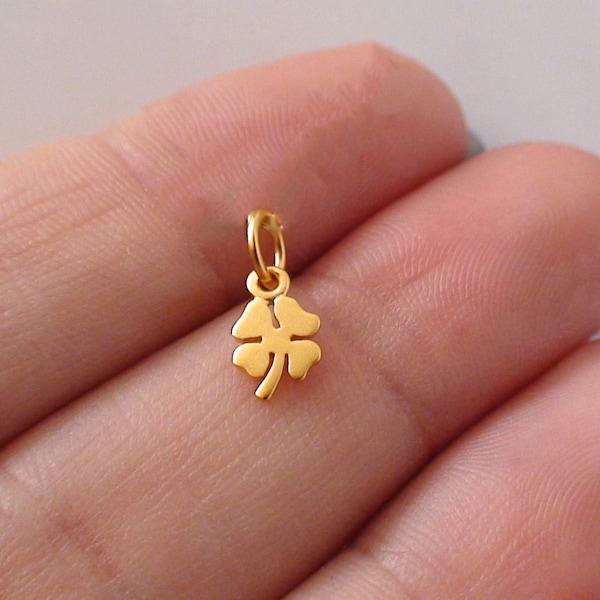 Sterling Silver Tiny Four Leaf Clover Charm - 925 Silver 24k Yellow Gold Plated - Good Luck Lucky Pendant 6mm x 5mm