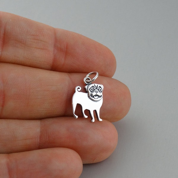 Pug Charm - 925 Sterling Silver - Dog Puppy Pendant Detailed 18mm x 10mm