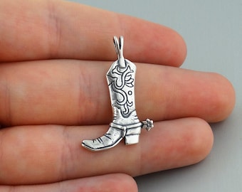 Cowboy Boot with Spur Charm - 925 Sterling Silver - Cowgirl Western Pendant 30mm x 20mm