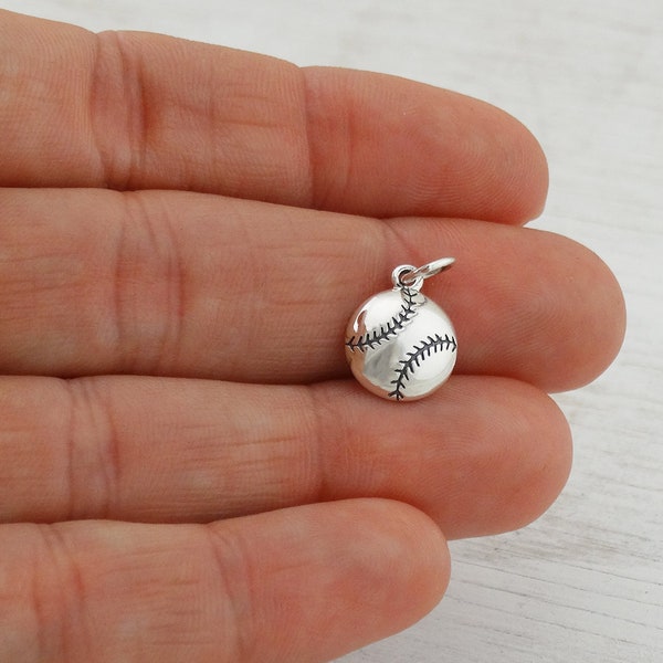 Sterling Silver Baseball Charm - 925 Sterling Silver - Detailed Pendant Softball Sports 10mm