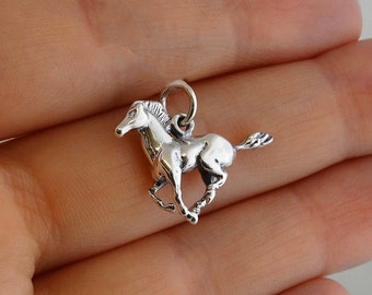 3D Galloping Horse Charm Pendant - 925 Sterling Silver - Wild Equestrian 3 Dimensional Charm 22mm x 15mm