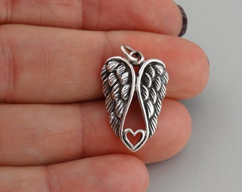 Angel Wings with Heart Charm - 925 Sterling Silver - Memorial Memory Keepsake Detailed Pendant 22mm x 15mm