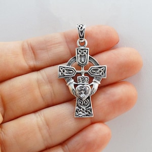 Sterling Silver Celtic Claddagh Cross with CZ Heart Pendant - Detailed Irish Design Cross 35mm x 22mm