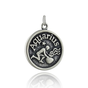 Sterling Silver Double Sided Aquarius Charm - 18mm Zodiac Pendant