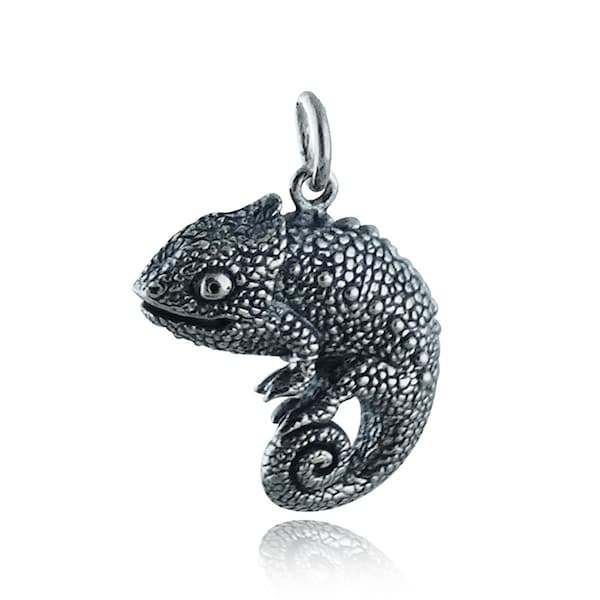 Sterling Silver Chameleon Pendant Charm - 925 Silver - Animal Cute Lizard 19mm x 18mm