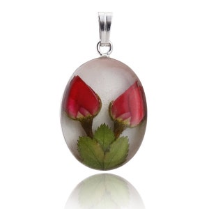 Two Real Mini Roses Preserved in Resin Pendant - Stainless Steel 22mm x 16mm