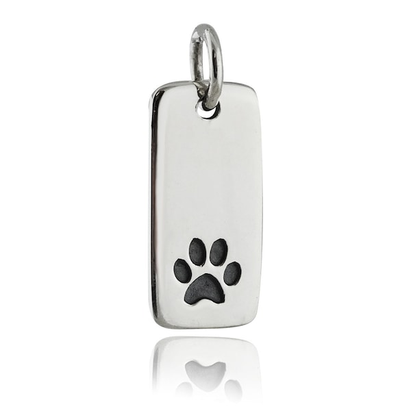 Sterling Silver Paw Print Tag Charm - 925 Sterling Silver - Dog Cat Paw Print Tiny Tag Pendant 15mm x 7mm