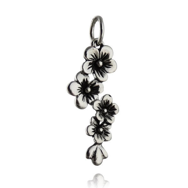 Sterling Silver Cherry Blossoms Flower Charm - 925 Sterling Silver - Flower Garden Detailed 20mm x 9mm