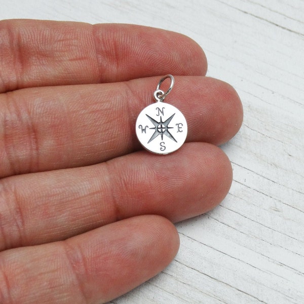 Sterling Silver Compass Pendant Charm - 925 Silver - Direction Graduation Motivation 12mm Diameter