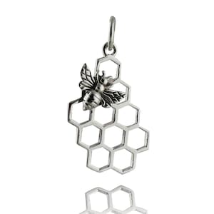 Sterling Silver Honeycomb with Bee Pendant Charm - 925 Silver - Bee Hexagon - 23mm x 11mm