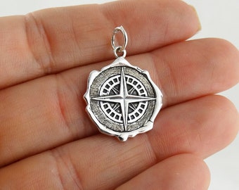 Sterling Silver Wax Compass Seal Charm - Round Pendant with Wax Seal Design 19mm