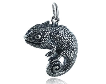 Sterling Silver Chameleon Pendant Charm - 925 Silver - Animal Cute Lizard 19mm x 18mm