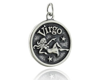 Sterling Silver Virgo Charm - 925 Sterling Silver - DOUBLE SIDED Zodiac Constellation Pendant Practical 18mm