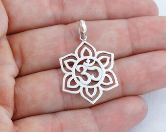 Sterling Silver Lotus Flower Om Charm - 25mm Yoga Pendant with Bail
