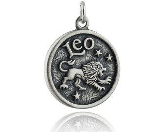 Sterling Silver Leo Charm - 925 Sterling Silver - DOUBLE SIDED Zodiac Constellation Pendant Generous 18mm