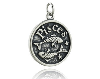 Sterling Silver Double Sided Pisces Charm - 18mm Zodiac Pendant