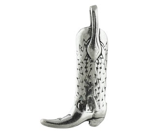 Cowboy Cowgirl Boot Pendant - 925 Sterling Silver - 3D Detailed Double Sided Charm 27mm x 14mm