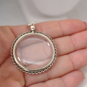 Clear Round Large Floating Locket - 35mm Sterling Silver & Acrylic, Holds Cherished Items, Keepsakes, Locks of Hair, Photos