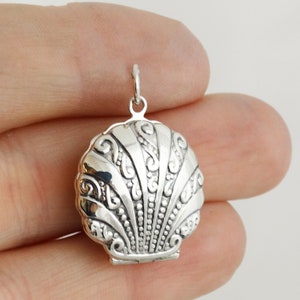 Sterling Silver Seashell Locket - Filigree Design Pendant, Holds 2 Photos